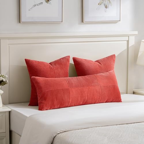 Fancy Homi 2 Packs Red Decorative Throw Pillow Covers 18x18 Inch for Living Room Couch Bed Sofa, Rustic Boho Farmhouse Home Decor, Soft Corss Corduroy Patchwork Textured Square Cushion Case 45x45 cm - Image 5