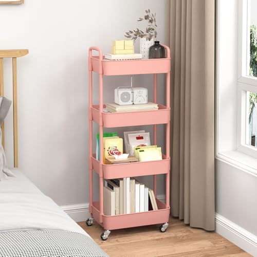 Sywhitta 4-Tier Plastic Rolling Utility Cart with Wheels for Storage, Pink - Image 5