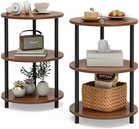 XBurmo Small Round End Table - 3 Tier Design Accent Table, Narrow Side or Bedside Stand, Industrial Vintage Nightstand for Bedroom, Living Room, or Small Spaces, Set of 2, Rustic Walnut by XBurmo
