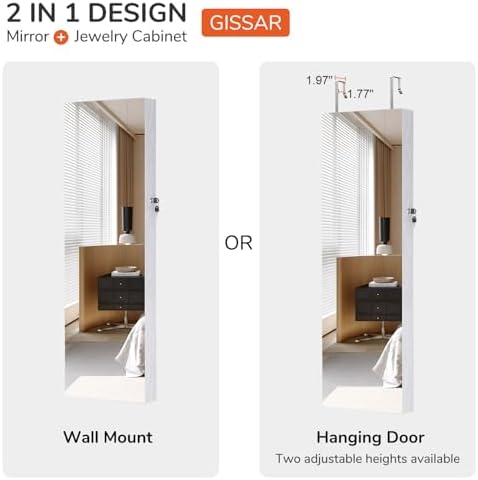 GISSAR Full Length Mirror Jewelry Cabinet, 6 LEDs Jewelry Armoire Wall Mounted Over The Door Hanging, Jewelry Organizer Storage with Lights Lockable White - Image 6