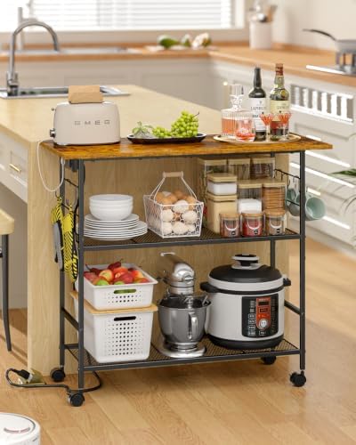 Kitchen Island with Power Outlet, Rolling Kitchen Cart with 6 Hooks and Protective Shelf, Microwave Stand on Lockable Wheels, Bakers Rack Coffee Bar for Dining, Living Room, Outdoor, Metal Frame - Image 6
