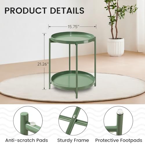 danpinera 2 Tier Metal Side Table with Removable Tray, End Table Outdoor Small Accent Table, Anti-Rust Green Nightstand for Bedroom Balcony Patio (Dark Green) - Image 3