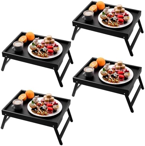 Fibogollo 4 Pack Bamboo Bed Tray Table with Folding Legs,Breakfast Trays,Serving Tray,Laptop Trays for Working,Food Snack Tray for Bed and Sofa(Black) by Fibogollo