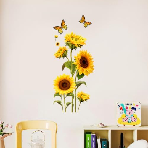 Sunflower Wall Decals Peel and Stick, Butterfly Floral Wall Stickers, Large Botanical Removable Vinyl Wall Decor, Flower Wall Art for Bedroom Living Room Nursery Office Farmhouse Home Decorations by ANNAQUEEN