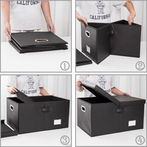 PRANDOM Collapsible Storage Box with Lid [1-Pack] Leather Fabric Foldable Storage Bin Organizer Container Basket Cube with Cover for Home Bedroom Closet Office Nursery Black (22.8X15.7X11.8) - Image 4