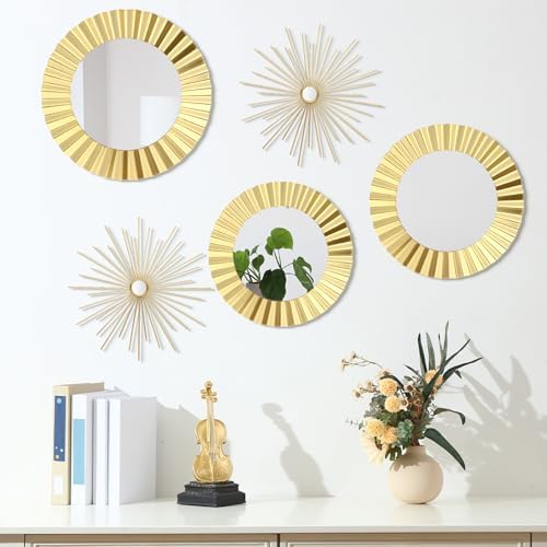 MorningRo 5 Pack Gold Metal Mirrors for Wall Gold Starburst Sunburst Wall Decor Set Metal Round Mirrors Decor Hanging Art Circle for Living Room Bathroom Bedroom Modern Decorative Gifts by MorningRo