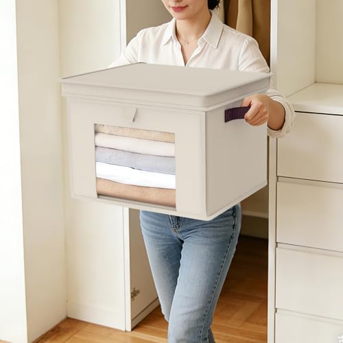 Univivi Front Opening Storage Bins with Lids for Closet, Beige, 4 Pack - Image 4
