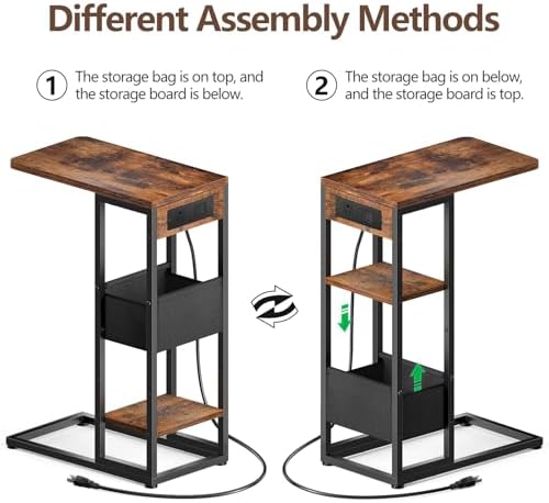 C Shaped End Table with Charging Station,3-Layer Sofa C Table Side Table, Slide Under Sofa Desk Snack Tables with Storage Bag w/AC U-S-B Port & Socket,Small Spaces Drink Tables for Living Room - Image 5