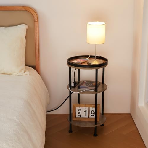 Small Round Side Table with Charging Station for Small Spaces, 3-Tier Accent Table with USB Ports & Power Outlets, Corner Tea Table Sofa Table for Living Room Nightstand Bedroom Apartment(USB,Oak) - Image 5