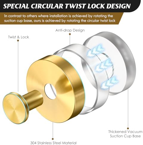 MOTAIPEAK Suction Cup Hooks for Shower,Removable Shower Towel Suction Hooks for Bathroom Wall,Kitchen,Glass,Mirror,Tile to Hang Robes,Loofah-Gold(2-Pack) - Image 2