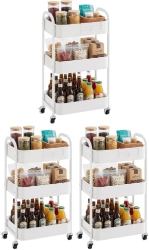 MAX Houser 3-Tier Rolling Utility Cart with Caster Wheels,Easy Assembly, for Kitchen, Bathroom (White) (Pack of 3) by MAXHouser