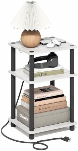 Furinno Just 3-Tier Night Stand with Charging Station, Light Marble by Furinno-FitsYourSpaceFitsYourBudget