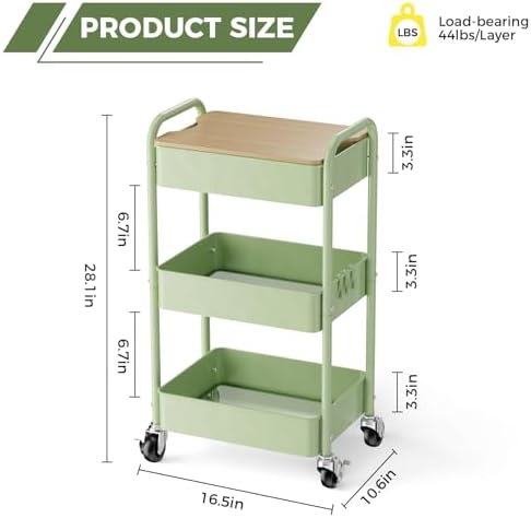 3 Tier Rolling Cart with Table top, Metal Rolling Utility Cart, Sturdy Storage Organizer Cart with Locking Wheels & Hooks for Office, Classroom, Kitchen and Bathroom - Image 4