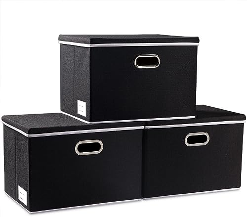 PRANDOM Extra Large Collapsible Storage Bins with Lids [3-Pack] Linen Fabric Foldable Storage Baskets Boxes Organizer Containers Cube with Cover for Bedroom Closet Office Nursery (22.8x15.7x13.8) by Prandom