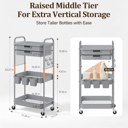 3 Tier Rolling Cart with 2 Drawers, Metal Utility Storage Carts with Wheels - Image 3