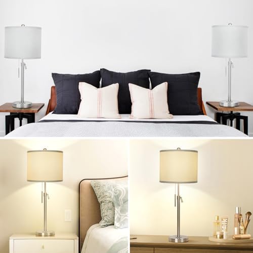 Qingmiao Table Lamps for Bedrooms Set of 2, 22" to 30" Height Adjustable Nightstand Lamps with Linen Shade, Pull Chain Switch Lamps for Living Room, 3 Way Dimmable Bedside Lamp - Image 6