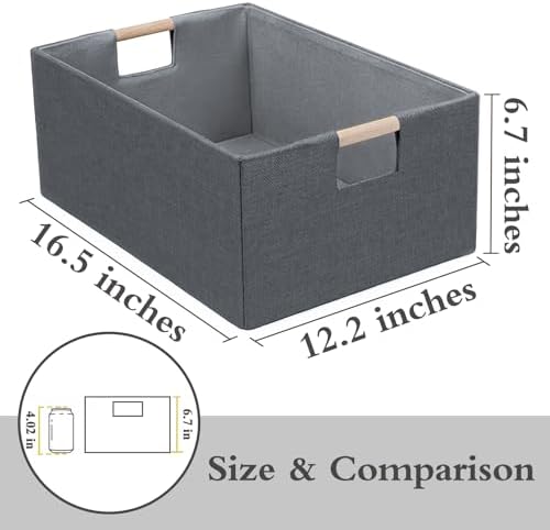 Foldable Fabric Storage Cubes, 2 Packs Cloth Storage Baskets with Wooden Handles, Collapsible Shelf Closet Organizer Bins, Rectangular Storage Boxes for Decor (Gray 2 Pack) - Image 2