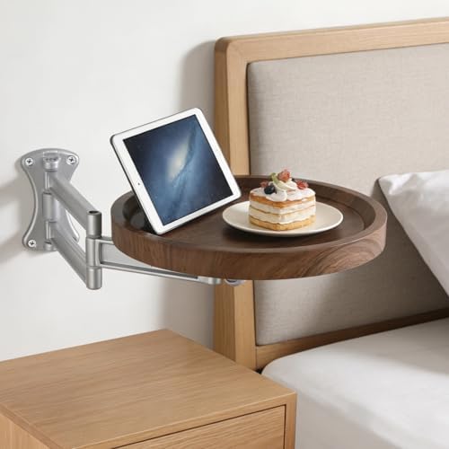 Wall Mounted Bedside Shelf, 11 in Round Floating Table for Wall, Foldable Side Tray with Swing Arm Bracket, Space Saving Nightstand Desk for Bedroom, Sofa, Small Study Corner by Joyoolife