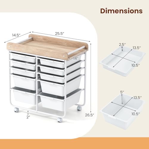 Giantex Rolling Storage Cart with 10 Drawers, Utility Cart w/Wooden Tabletop, Handle, Lockable Wheels, Multipurpose Organizer for Art Craft Scrapbooks Paper, Drawer Carts for Dorm School Office, White - Image 3