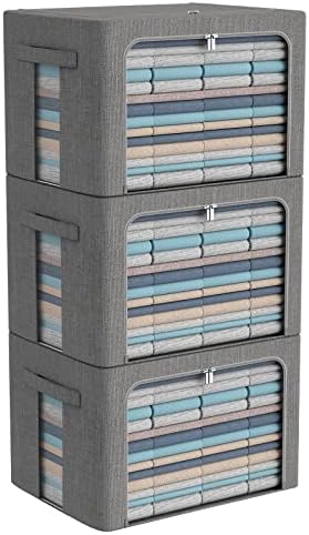 CYhom 3Pack Foldable Storage Bins - Frame Storage Box Linen Fabric Stackable Clothes Container Organizer with Clear Window & Carry Handles Large Capacity (Large-66L, Dark Gray) by CYhom