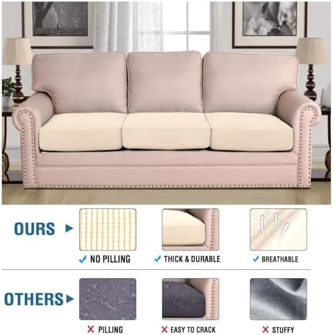 H.VERSAILTEX Super Stretch Individual Seat Cushion Covers Sofa Covers Couch Covers Slipcover Sets Thick Jacquard Textured Twill Fabric (3 Piece XL Sofa Cushion Covers, Cream) - Image 2