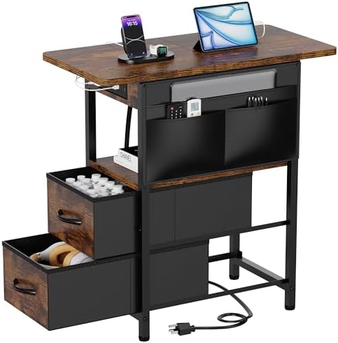 Yenlure Small Side Table with Charging Station, Narrow Nightstand Bedside Tables with Storage Pocket for Living Room Bedroom, Sofa End Table with USB Ports and Power Outlets for Small Spaces by CREATEDFORSMARTHOMES