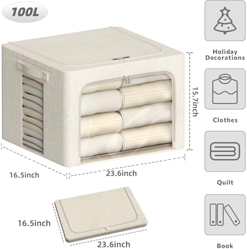 4 Pack Clothes Storage Bins with Metal Frame - 100L Stackable Storage Box with Lid，Foldable Storage Container Organizer for Clothes，Linen Fabric Storage Box with Clear Window＆Zippers＆Handles - Image 4