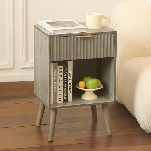 Fultyle Grey Fluted Nightstand, Modern Bedside Table with Drawer and Shelf by Fultyle