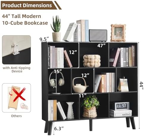 LEYAOYAO 8 Cube Bookshelf, Mid-Century Modern Book Shelf with Legs, Black - Image 2