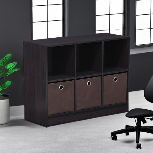 Furinno BASIC Book Shelf, 6-Cube Bookshelf with Open Shelf, 3 x 2 Bookcase with Storage Bins, Closed Back, Horizontal, 11.9 x 31.6 x 23.6, for Living Room, Bedroom, Home Office, Dark Walnut - Image 6