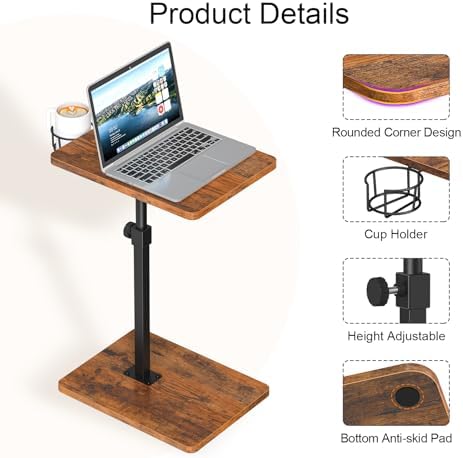 Giikin TV Tray Table, 360° Swivel Height Adjustable TV Trays for Eating on Couch,Sofa Armrest Side Table for Small Spaces Sofa Bed Dinner, Rustic Brown - Image 4