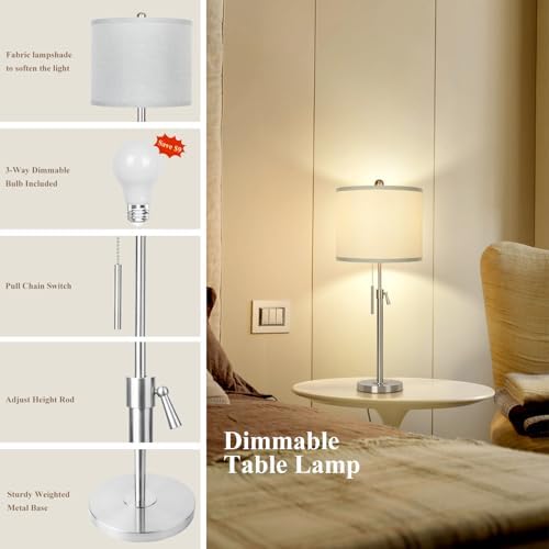 Qingmiao Table Lamps for Bedrooms Set of 2, 22" to 30" Height Adjustable Nightstand Lamps with Linen Shade, Pull Chain Switch Lamps for Living Room, 3 Way Dimmable Bedside Lamp - Image 4