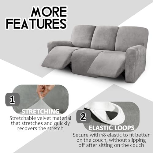 ULTICOR Velvet 8-Pieces Recliner Sofa Covers Stretch Reclining Couch Covers for 3 Cushion Reclining Sofa Slipcovers Furniture Covers Thick Soft Washable (3 Seater Recliner Cover, Light Grey) - Image 4
