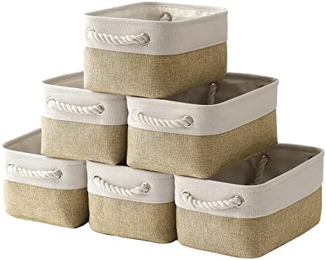 TheWarmHome Storage Basket for Shelves - 12x8x5.2 inch Small 6 Pack Collapsible Storage Bin for Closet with Handles, Fabric Storage Cubes for Cloth Organizer Gift Toy Decorative (White & Khaki) by TheWarmHome
