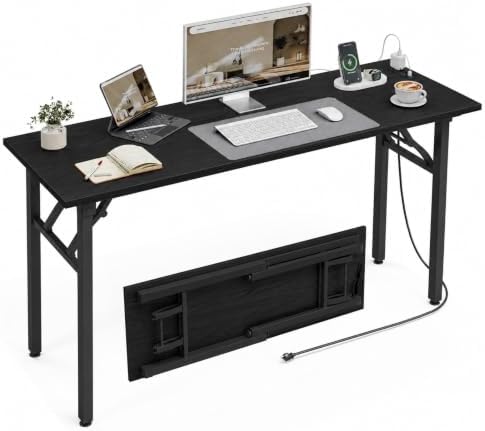 XBurmo Small Folding Desk Folding Table, No Assembly Foldable Desk Gaming Desk, 55.1-Inch Computer Table Workstation with 2 AC Outlets and 2 USB Ports for Bedroom and Home Office, Dark Oak by XBurmo