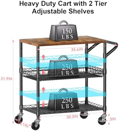 WDT 3 Tier Rolling Carts with Wheels, Heavy Duty Rolling Utility Cart with Wood Tabletop, Commercial Grade Metal Cart with Handle and Hooks, NSF Storage Serving Carts for Kitchen Island, Wood+Metal - Image 4