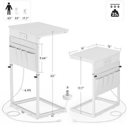 Vagusicc C Shaped End Table with Charging Station, Adjustable Height Side Table for Couch, Sofa Table Laptop Couch Side Tables, Slide Under Sofa TV Tray Arm C Tables for Living Room Bedroom, White - Image 3