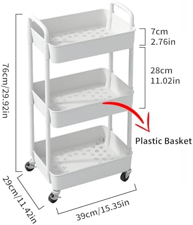 Sywhitta 3-Tier Plastic Rolling Utility Cart with Wheels for Storage,White - Image 2