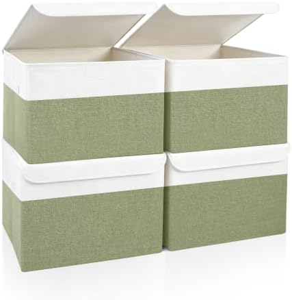 Bagnizer Large 22 Quart Linen Fabric Foldable Storage Bin Cube Organizer Basket with Flip-Top Lid & Handles, Clothes Blanket Box for Home, Office, Closet, Green & White, 4 Pack 14.6 x 9.5 x 9.5 by Bagnizer