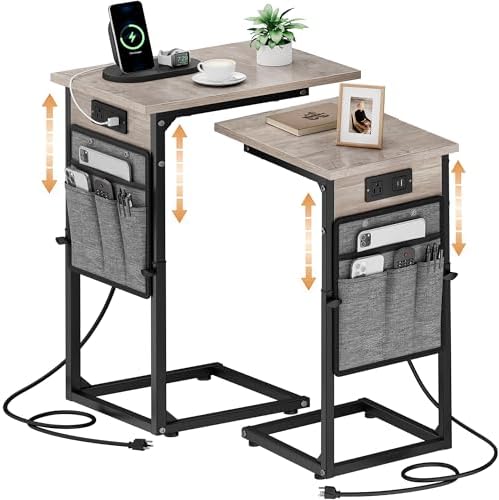 Vagusicc C-Shaped End Tables Set of 2 with Charging Station, 33'' Tall C Table Adjustable Height Side Table, Sofa Table for Couch, Couch Table that Slide Under Sofa, TV Trays for Living Room, Greige by Vagusicc