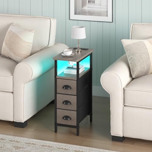 shtmec Narrow End Table Set of 2 with Charging Station, LED Side Tables Set 2 with Fabric Drawers, Small Bedside Tables Nightstands for Small Space, Slim Sofa Couch Table for Livingroom, Grey - Image 2