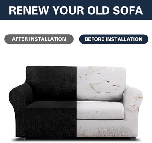 Cupuamon 2026 New Stretch Loveseat Sofa Slipcovers Couch Cover for 2 Cushion Furniture Protector Sofa Covers with Elastic Bottom Jacquard Fabric Small Checks for Pets, Kids - Black - Image 5