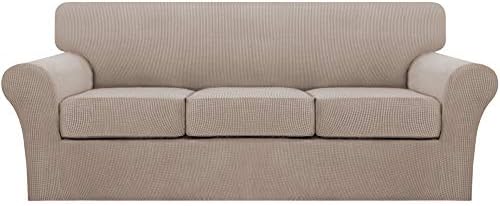 Turquoize 4 Piece Sofa Covers for 3 Cushion Couch Sofa Slipcover Soft Couch Cover for Dogs Washable Furniture Cover with 3 Individual Large Cushion Covers Feature Fabric (Large Sofa, Sand) by Turquoize