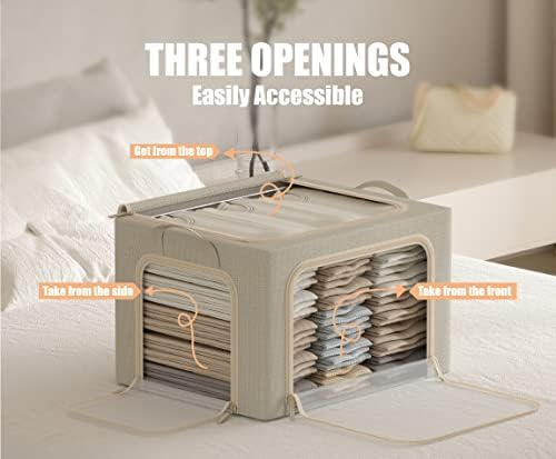 3 Openings Large Clothes Storage Bins with Metal Frame, Foldable Storage Bin for Clothes,Clothing Storage Bins with Lid, Linen Storage Box With Clear Window＆ Zippers＆ Durable Handles.(3 Pcs,Beige,66L) - Image 3