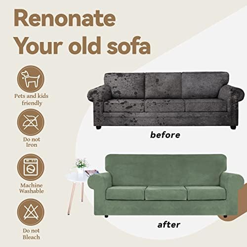 WEERRW 4 Pieces Couch Cover for Sofa Velvet Slipcovers, Greyish Green - Image 5