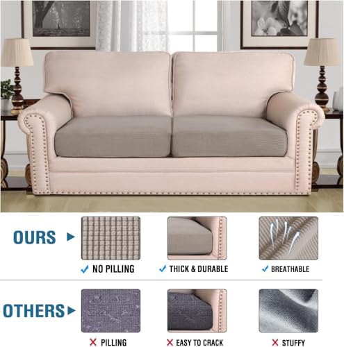 H.VERSAILTEX Super Stretch Individual Seat Cushion Covers Sofa Covers Couch Cushion Covers Slipcover Sets Thick Jacquard Textured Twill Fabric (2 Piece Medium Sofa Cushion Covers, Taupe) - Image 2