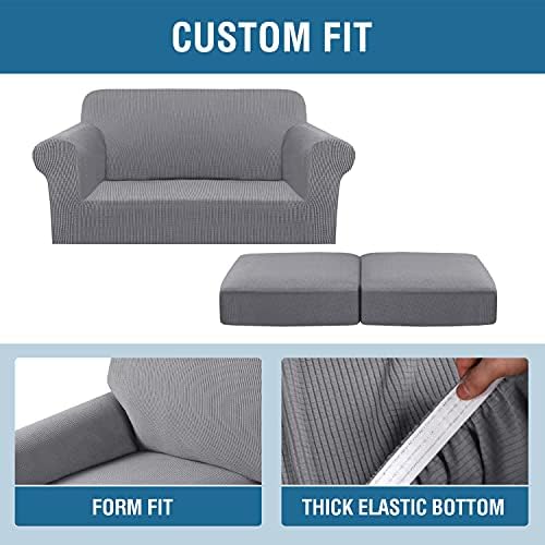 H.VERSAILTEX 3 Piece Stretch Sofa Covers for 2 Cushion Loveseat Couch Covers for Living Room Sofa Slipcovers (Base Cover Plus 2 Seat Cushion Covers) Thicker Jacquard Fabric(Medium Sofa, Dove) - Image 4