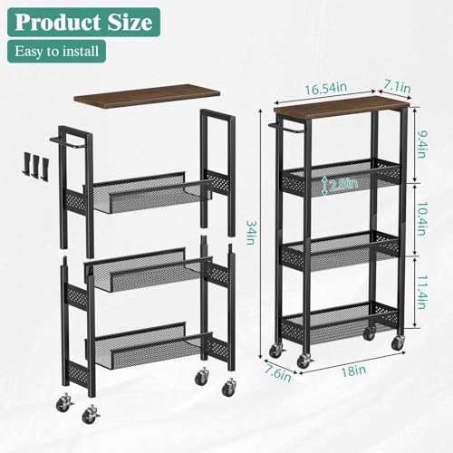Giwil Slim Rolling Storage Cart 4 Tier Bathroom Organizer Mobile Shelving Unit Utility Cart with Wood Top and Handle for Kitchen Laundry Narrow Places, Black - Image 6