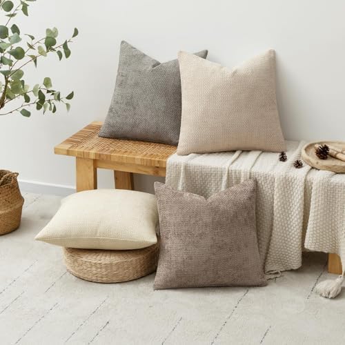 MIULEE Decorative Chenille Pillow Covers Neutral Beige 22x22 Pack of 4 - Image 4