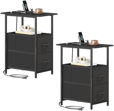 Somdot End Table Set of 2 with Charging Station, 2 Drawers, Slim Side Table by Somdot